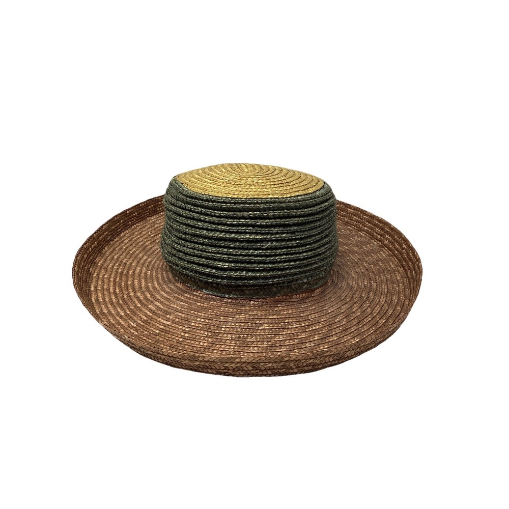 Vintage Boater Tri-color Green Natural And Rusty Brown Straw Hat Vinacci